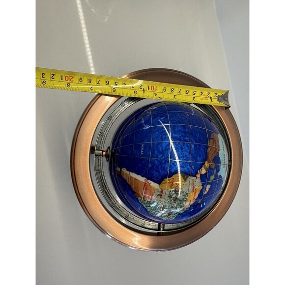 VINTAGE LAPIS LAZULI WORLD GLOBE DESK TABLE TOP GEMSTONES COPPER STAND COMPASS - Picture 13 of 16